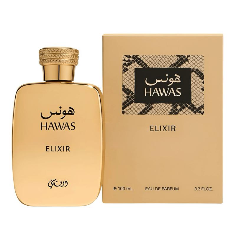 Rasasi Hawas Elixir Eau De Parfum 100ml - Premium Fragrance in Elegant Gold Bottle & Snakeskin Design Box